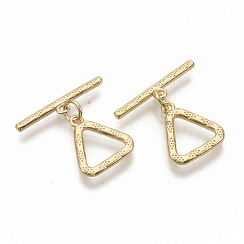 Brass Toggle Clasps, with Jump Rings, Nickel Free, Triangle, Real 18K Gold Plated, Triangle: 14.5x13x1.5mm, Hole: 1.2mm, Bar: 21x2x1mm, Hole: 1.2mm, Jump Ring: 5x0.8mm.