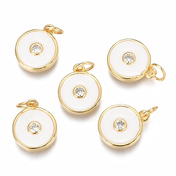 Brass Micro Pave Clear Cubic Zirconia Charms, Long-Lasting Plated, with Enamel & Jump Rings, Flat Round, Real 18K Gold Plated, White, 13.2x11x2.7mm, Hole: 3mm, Jump Ring: 5x0.8mm
