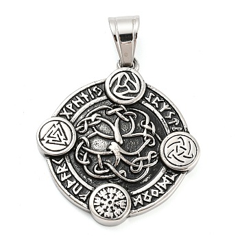 316L Surgical Stainless Steel Pendants, Flat Round with Viking Runes & Tree & Valknut Charm, Antique Silver, 39.5x35.5x4mm, Hole: 10x7mm