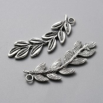 Tibetan Style Alloy Big Pendants, Olive Branch Charm, Antique Silver, 52x18x3mm, Hole: 2.8mm