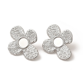 304 Stainless Steel Stud Earrings Findings, Cabochon Settings, Flower, Stainless Steel Color, 33x26.5mm, Tray: 8mm, Pin: 0.8mm