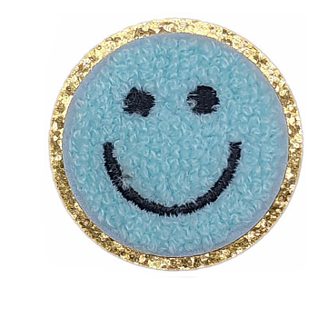 Flat Round with Smiling Face Computerized Towel Embroidery Cloth Iron on/Sew on Patches, Chenille Appliques, Costume Accessories, Aqua, 50mm