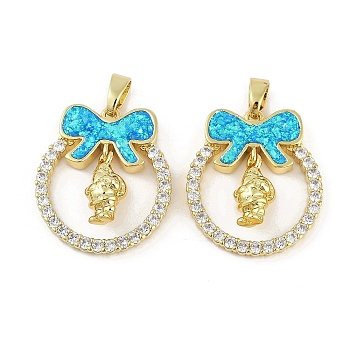 Christmas Theme Rack Plating Brass Micro Pave Cubic Zirconia Pendants, with Synthetic Opal, Long-Lasting Plated, Lead Free & Cadmium Free, Real 18K Gold Plated, Bowknot with Ring, Santa Claus, 26x22.8x5mm, Hole: 3x5mm