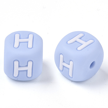 Food Grade Eco-Friendly Silicone Beads, Horizontal Hole, Chewing Beads For Teethers, DIY Nursing Necklaces Making, Letter Style, Cube, Light Sky Blue, Letter.H, 10x10x10mm, Hole: 2mm