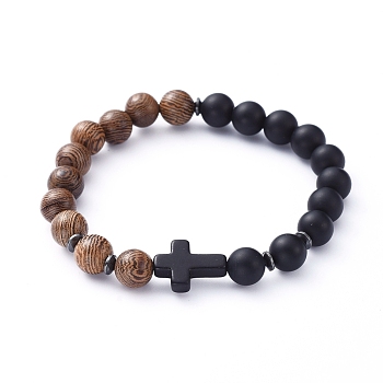 Natural Wood Beads Stretch Bracelets, with Natural Black Agate(Dyed) Beads, Non-Magnetic Synthetic Hematite Beads and Cross Synthetic Turquoise(Dyed) Beads, Inner Diameter: 2-1/8 inch(5.5cm)