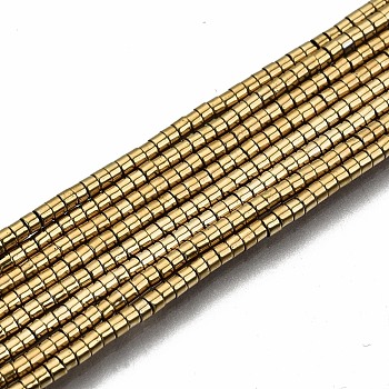 Electroplate Non-magnetic Synthetic Hematite Beads Strands, Column, Light Gold Plated, 1.5x1mm, Hole: 0.5mm, about 377~383pcs/strand, 15.75 inch~15.94 inch(40cm~40.5cm)