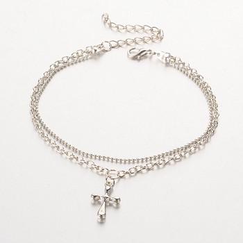 Cross CCB Plastic Charm Multi-strand Anklets, with Iron Chains and Zinc Alloy Lobster Claw Clasps, Platinum, 230mm