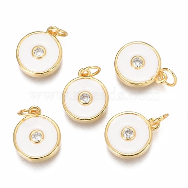 Real 18K Gold Plated White Flat Round Brass+Cubic Zirconia Charms