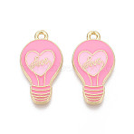 Alloy Enamel Pendants, Lamp Bulb Charms, Golden, Cadmium Free & Nickel Free & Lead Free, Pink, 24x13x2.5mm, Hole: 1.8mm(ENAM-T024-08B-G)