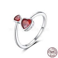 925 Sterling Silver Finger Ring, Double Heart Cubic Zirconia Cuff Ring for Women, with S925 Stamp, Red, 1.5~10mm, US Size 8 1/2(18.5mm)(RJEW-C064-24B)