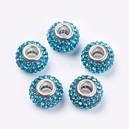 Grade A Rhinestone European Beads, Large Hole Beads, Resin, with Silver Color Plated Brass Core, Rondelle, Aquamarine, 15x10mm, Hole: 5mm(CPDL-H001-8)