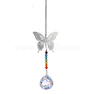 Glass Big Pendant Decorations, Hanging Suncatchers, with Metal Butterfly Link for Garden Decoration, Round, 450mm(PW-WG93505-01)