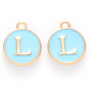 Golden Plated Alloy Enamel Charms, Cadmium Free & Lead Free, Enamelled Sequins, Flat Round, Sky Blue, Letter.L, 14x12x2mm, Hole: 1.5mm(ENAM-S118-04L)