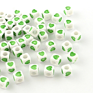 Opaque Acrylic European Beads, Large Hole Cube Beads, with Heart Pattern, Lime Green, 7x7x7mm, Hole: 4mm, about 1900pcs/500g(OPDL-S078-03)