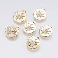 Autumn Theme Brass Charms, Flat Round with Maple Leaf, Real 18K Gold Plated, 12x10.5x1.2mm, Hole: 1.5mm(KK-F740-25G)