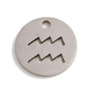 201 Stainless Steel Charms, Laser Cut, Flat Round with Constellation Charm, Aquarius, 12x1mm, Hole: 1.5mm(STAS-E217-10P-07)