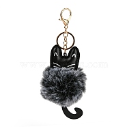 Cute Cat PU Leather & Imitate Rex Rabbit Fur Ball Keychain, with Alloy Clasp, for Bag Car Key Decoration, Dark Gray, 18cm(KEYC-C005-01F)