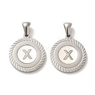 304 Stainless Steel Pendants, Flat Round Shell Charms with Letter, Stainless Steel Color, Letter X, 20.5x17.5x1.5mm, Hole: 2.5x4.5mm(STAS-I204-X-P)