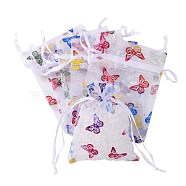 Rectangle Printed Organza Drawstring Bags, Colorful Butterfly Pattern, White, 12x9cm(CON-PW0001-057A)