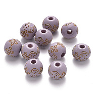 Painted Natural Wood Beads, Laser Engraved Pattern, Round with Flower Pattern, Plum, 10x9mm, Hole: 3mm(WOOD-N006-03A-12)