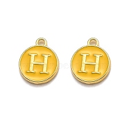 Golden Plated Alloy Enamel Charms, Enamelled Sequins, Flat Round with Alphabet, Letter.H, Yellow, 14x12x2mm, Hole: 1.5mm(X-ENAM-Q437-13H)