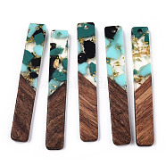 Transparent Resin & Walnut Wood Big Pendants, with Gold Foil, Rectangle Charms, Turquoise, 51.5x7.5x3mm, Hole: 1.8mm(RESI-TAC0017-70-A02)