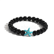 Men's Yoga Jewelry, Natural Black Stone Round Beads Stretch Bracelets, Starfish, Dark Turquoise(BK0782-2)