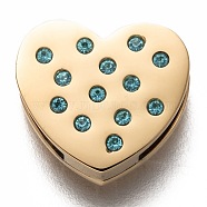 304 Stainless Steel Slide Charms, with Rhinestone, Heart, Aquamarine, Golden, 12x13x3.5mm, Hole: 8x1.5mm(STAS-P270-20G-02)