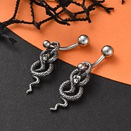 Snake 316 Surgical Stainless Steel Dangle Belly Button Rings, Piercing Navel Rings, Barbell Body Jewelry for Women, Antique Silver, 35.5x9.5mm(EJEW-G416-18B-AS)