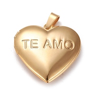 Ion Plating(IP) 304 Stainless Steel Locket Pendants, Photo Frame Charms for Necklaces, Heart with Diamond & TE AMO, Real 18k Gold Plated, 29x29x6.5mm, Hole: 3.5x7mm, Inner Size: 16x21mm(STAS-K197-05G)