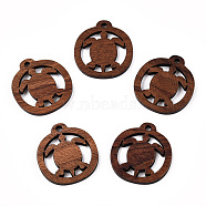 Natural Walnut Wood Pendants, Undyed, Flat Round Charms with Sea Turtle, Camel, 25x23.5x2.5mm, Hole: 2mm(WOOD-T023-23)