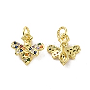 Brass Micro Pave Colorful Cubic Zirconia Charms, with Jump Ring, Bees, Real 18K Gold Plated, 12x12x3mm, Hole: 3.2mm(KK-E068-VF103)
