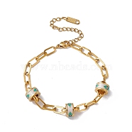 Enamel Horse Eye Column Beaded Bracelet with Paperclip Chains, 304 Stainless Steel Jewelry for Women, Golden, 7-1/4 inch(18.5cm)(BJEW-P284-10B-G)