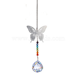 Glass Big Pendant Decorations, Hanging Suncatchers, with Metal Butterfly Link for Garden Decoration, Round, 450mm(PW-WG93505-01)