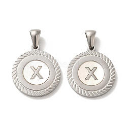 304 Stainless Steel Pendants, Flat Round Shell Charms with Letter, Stainless Steel Color, Letter X, 20.5x17.5x1.5mm, Hole: 2.5x4.5mm(STAS-I204-X-P)