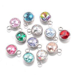 304 Stainless Steel Glass Rhinestone Charms, Faceted, Flat Round, Mixed Color, 14x10x7mm, Hole: 2.5mm(STAS-G082-M)