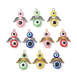 10Pcs 10 Styles Evil Eye Resin Bead Pendants, Angel Charms with Antique Silver & Antique Golden Plated Alloy Wings, Mixed Color, 25.5x20x5~5.5mm, Hole: 1.6mm, 1pc/style(PALLOY-JF02380)
