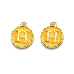 Golden Plated Alloy Enamel Charms, Enamelled Sequins, Flat Round with Alphabet, Letter.H, Yellow, 14x12x2mm, Hole: 1.5mm(X-ENAM-Q437-13H)