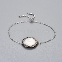 Brass Slider Bracelets, Bolo Bracelets, with Polymer Clay Rhinestones Shell Beads, Flat Round, Platinum, 9-7/8 inch(25cm), 1.3~1.6mm(BJEW-JB04286-04)