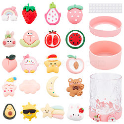 BENECREAT DIY Silicone Cup Bottom Sleeve Covers Sets, Insulated Reusable Cup Boot, with Acrylic Double-sided Tape and Cartoon Style Resin Animal/Fruit/Star Cabochons, Mixed Color, Cup Bottom Sleeve Covers: 75~93x18~47mm, Inner Diameter: 71.5~90mm, 2pcs(DIY-BC0002-98)