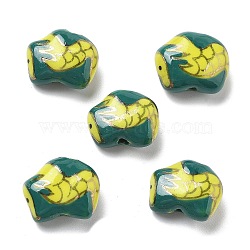 Handmade Porcelain Beads, Ornamental with Gold, Dragon, Green, 12.5x7.5~8x15.5mm, Hole: 2mm(PORC-L079-13)