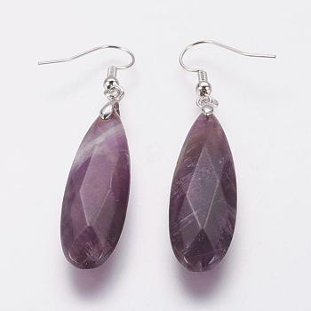 Natural Amethyst Dangle Earrings, with Brass Findings, Oval, Faceted, 62mm,Pin: 0.5mm