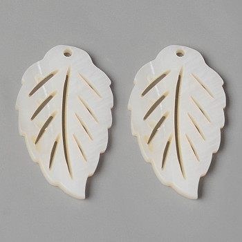 Natural Freshwater Shell Pendants, Leaf, Creamy White, 30x18x2mm, Hole: 1.4mm