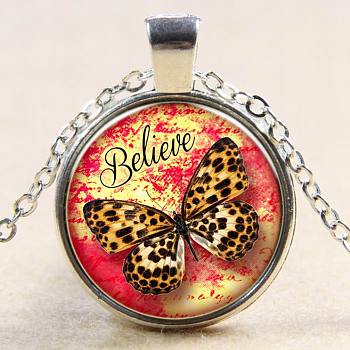 Butterfly with Believe Pattern Flat Round Glass Pendant Necklaces, with Alloy Chains, Silver Color Plated, 18 inch