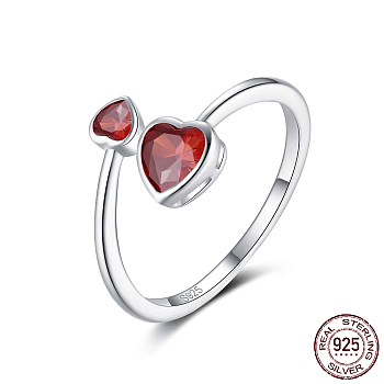925 Sterling Silver Finger Ring, Double Heart Cubic Zirconia Cuff Ring for Women, with S925 Stamp, Red, 1.5~10mm, US Size 8 1/2(18.5mm)