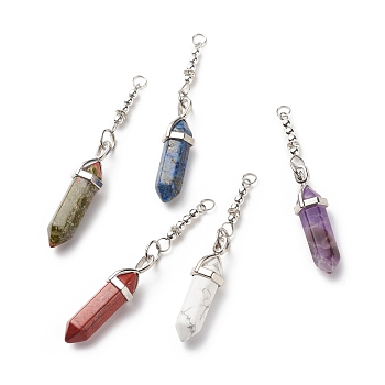 Natural Mixed Stone Double Terminal Pointed Pendants, with 304 Stainless Steel & Brass Rhinestone & Non-magnetic Synthetic Hematite, Faceted Bullet Charm, Stainless Steel Color, 64~70mm, Pendant: 37x9.5~10x9.5~10mm, Hole: 3.6mm