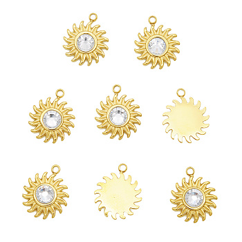 201 Stainless Steel Pendants, with Crystal Rhinestone, Sun, Golden, 15x12x3.5mm, Hole: 1.5mm