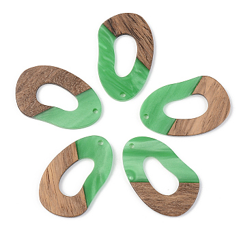 Opaque Resin & Walnut Wood Pendants, Teardrop, Light Green, 38x23.5x3mm, Hole: 2mm
