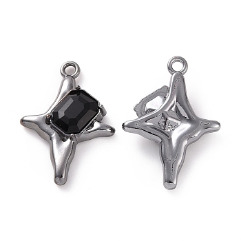 Rack Plating Alloy Glass Pendants, Gunmetal Tone Star with Rectangle Charms, Cadmium Free & Lead Free & Nickle Free, Black, 30x21.5x5.5mm, Hole: 2mm