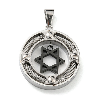 Ion Plating(IP) 304 Stainless Steel Pendants, Flat Round with Star of David, Gunmetal & Stainless Steel Color, 33.5x29.5x6mm, Hole: 9x4mm